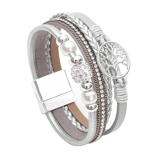 Leather Wrap Bracelets for Women, Boho Leopard Multi-Layer Crystal Beads Cuff Jewelry - color: J-Warp-046