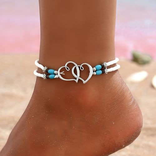 Qceasiy Shell Ankle Bracelets for Women, Boho Beaded Beach Anklet Set | Seashell, Heart, Starfish and Conch Styles, Gold-Tone, Stretch or Adjustable Fit, Layered Beach Vacation Jewelry Gifts - color: White 4