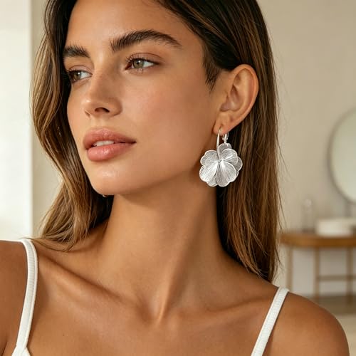 Gold Silver Flower Hoop Earrings for Women 14K Gold Plated Large Layered Flower Dangle Drop Earrings Wedding Party Holiday Birthday Gifts Lightweight Trendy Bohemian Jewelry Gift for Her - color: Silver