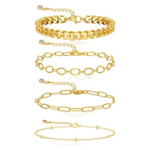 MFRYK Gold/Silver Bracelets For Women,Trendy 14k Gold/Silver Plated lightweight Dainty Chunky Thin Cuban Link Paperclip Chain Tennis Bangle Bracelets Stack Set,Ring Hand Chain Bracelet,Gold Jewelry Gift For Women Fashion Accessories - style: 4Pcs Chunky C