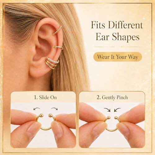 4Pcs Cuff Earrings Non Piercing 14k Gold Plated Ear Cuff Fake Earrings Lightweight Adjustable Ear Clip on Earring for Women Trendy Jewelry Gifts