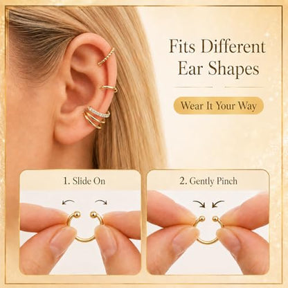 4Pcs Cuff Earrings Non Piercing 14k Gold Plated Ear Cuff Fake Earrings Lightweight Adjustable Ear Clip on Earring for Women Trendy Jewelry Gifts