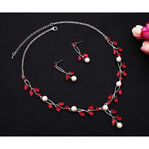 Luxury Cubic Zirconia Aurtrian Crystal Pearl Floral Necklace Dangle Earrings Wedding Bridal Jewelry Set Birthday Gifts for Her - color: Style02-Siam-Silver Plated