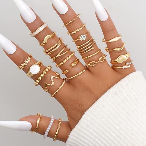 15-25 Pcs Chunky Gold Rings Set for Women, Stackable Finger Midi Rings, Dainty Gold Stacking Statement Womens ring pack - color: A-Gold-25Pcs