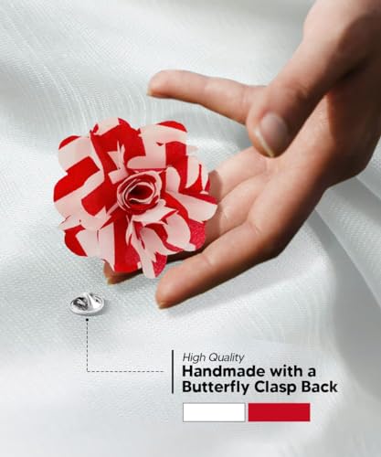 Premium Men's Formal Striped Flower Lapel Pin - Boutonniere for Men, Flower Brooch Pin - color: Red/White