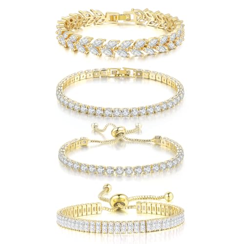 4 Pcs Tennis Bracelet Set Silver Plated Marquise Cubic Zirconia CZ Diamond Dainty Adjustable Silver Bracelets for Women Brides Stackable Fashion Jewelry Wedding Prom Gift - color: Gold-4PCS Tennis Bracelet Set