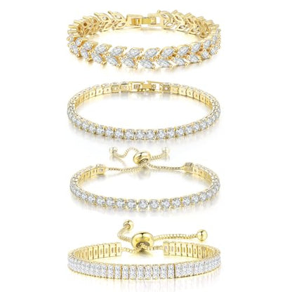 4 Pcs Tennis Bracelet Set Silver Plated Marquise Cubic Zirconia CZ Diamond Dainty Adjustable Silver Bracelets for Women Brides Stackable Fashion Jewelry Wedding Prom Gift - color: Gold-4PCS Tennis Bracelet Set