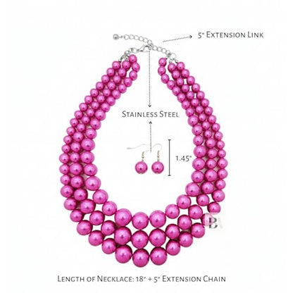 Simulated Pearl Necklace & Earring Set, Multi Strand - color: Hot Pink