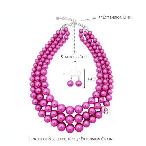 Fashion 21 Women's Faux Pearl Three Multi-Strand Statement Necklace and Earrings Set - color: Hot Pink