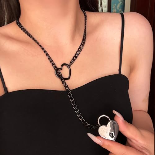 Heart O Ring Slip Chain Choker Necklace for Women Men Stainless Steel Cuban Chain Y-shape Necklaces Punk Rock Collar Adjustable Lariat Y Necklace Prom Necklaces Jewelry - color: Black lock
