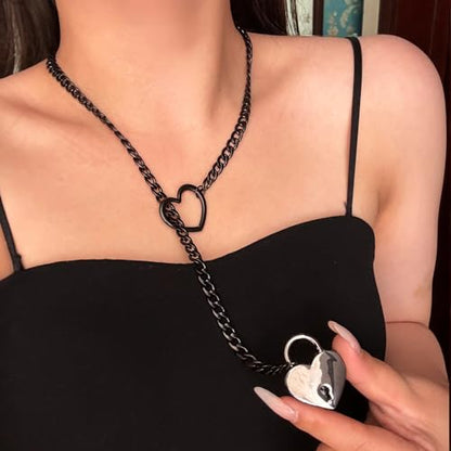 Heart O Ring Slip Chain Choker Necklace for Women Men Stainless Steel Cuban Chain Y-shape Necklaces Punk Rock Collar Adjustable Lariat Y Necklace Prom Necklaces Jewelry - color: Black lock