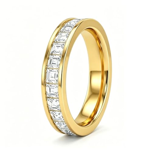 CZ Eternity Rings for Women 14K Gold Plated or Platinum 3.5mm/7mm Non Tarnish Stainless Steel Stackable Princess Cut Wedding Engagement Promise Band Sizes 5-10 - color: Gold-3.5mm