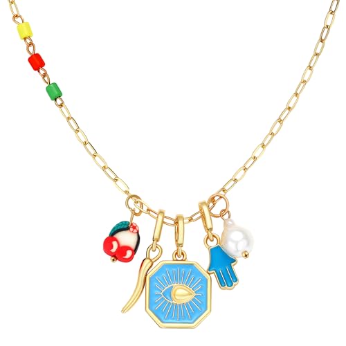 Charm Necklace for Women Gold Evil Eye Sun Moon Flower Coin Pendant Necklace Dainty Paperclip Chain Vintage Luck Amulet Choker Necklaces Celestial Jewelry Gift - style: 5 Charms-Blue Enamel