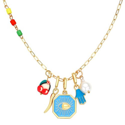 Charm Necklace for Women Gold Evil Eye Sun Moon Flower Coin Pendant Necklace Dainty Paperclip Chain Vintage Luck Amulet Choker Necklaces Celestial Jewelry Gift - style: 5 Charms-Blue Enamel