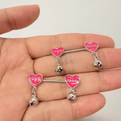 14G Pink Heart Nipple Rings with Jingle Bell Dangle Charm, Yes Daddy Letter Nipplerings Nipple Shield Barbell Piercing Stainless Steel Body Piercing Jewelry
