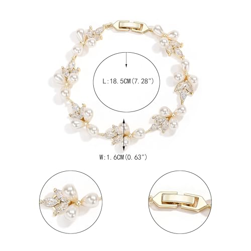 EVER FAITH Cubic Zirconia Pearl Bridal Prom Tennis Bracelet for Women | Elegant Pear CZ Wedding Jewelry Gift, for Bride Bridesmaid - style: Leaf_Gold-Plated-Brass