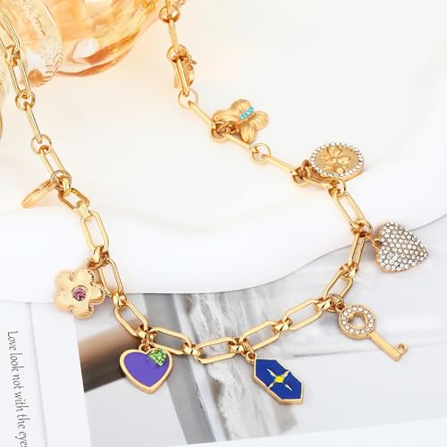 Charm Necklace for Women Gold Evil Eye Sun Moon Flower Coin Pendant Necklace Dainty Paperclip Chain Vintage Luck Amulet Choker Necklaces Celestial Jewelry Gift - style: 9 Charms- Key, Peace, Heart