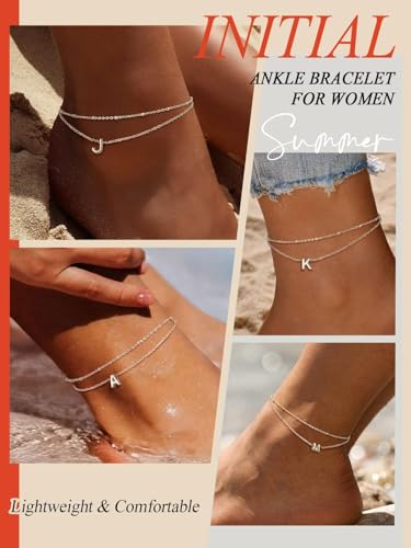 FaithHeart Initial Ankle Bracelets for Women, Waterproof 14k Gold Plated Initial Anklets Non Tarnish Stainless Steel Cute Layered Anklet Summer Beach Jewelry - color: Silver, size: Initial A