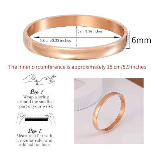 Womens 6MM Stainless Steel Brecelet Plain Polished Finish Cuff Bangle - color: 3-Rose Gold