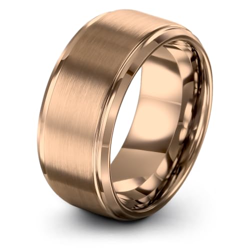 Tungsten Wedding Band Ring Black 10mm Men Women Comfort Fit 18k Rose Gold Step Edge Brushed Polished - color: Rose Gold Tungsten