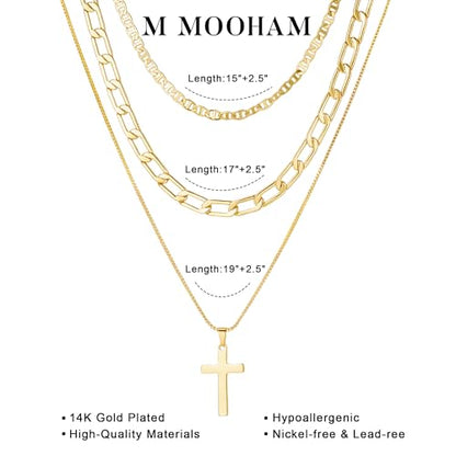 M MOOHAM Layered Gold Necklaces Stack for Women No Tarnish | 14K Gold Plated, Stackable Pendant Necklace Set, Snake Rope Cuban Paperclip Chain, CZ Coin Pendant, Dainty Jewelry Gifts - color: 3 Layered Mirror Cuban Cross Pendant-Gold