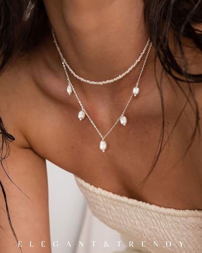 FUNEIA Dainty Pearl Necklace for Women 14K Gold Plated Faux Pearl Choker Necklaces Trendy White Silver Small Pearl Necklace Strand Wedding Prom Bridal Pearls Jewelry 14/16/18/20 Inches - color: I-Pearl Charm Necklace-Silver