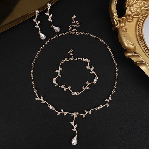 Hapibuy Crystal Bridal Wedding Jewelry Necklace Earrings Bracelet Set Rhinestone Choker Necklace For Brides Bridesmaid Women Party Acessory - color: Gold