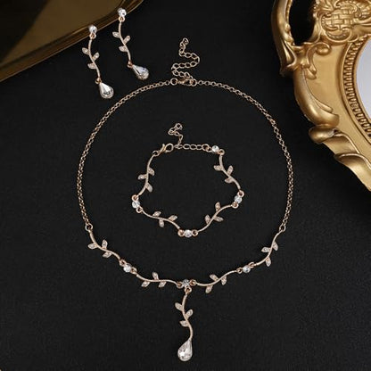 Hapibuy Crystal Bridal Wedding Jewelry Necklace Earrings Bracelet Set Rhinestone Choker Necklace For Brides Bridesmaid Women Party Acessory - color: Gold