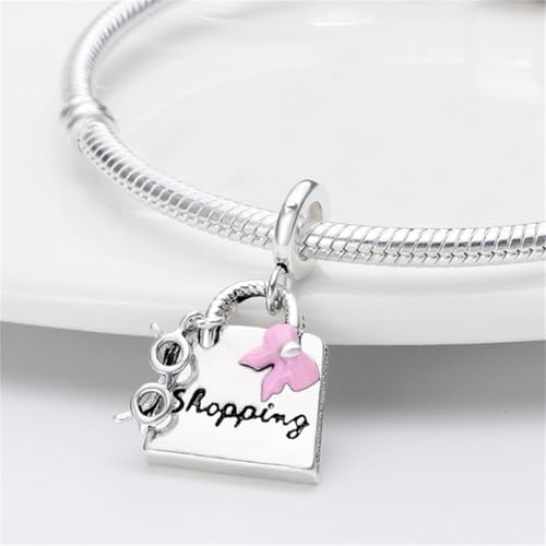 HONGRUI 925 Sterling Silver Charm for Bracelets Fashion Women Jewelry Gift - color: Pink bag