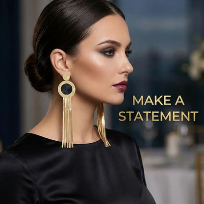 Black and Gold Earrings for Women,Geometric Statement Dangle Earrings with Long Snake Chain Tassel Pendant Earring - color: Gold-B