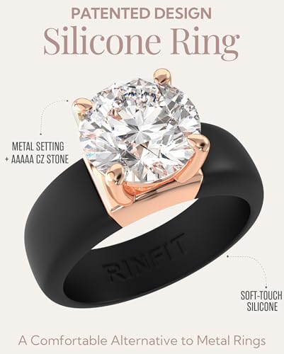 Rinfit Silicone Ring with Stone, Round Cut CZ | AAAAA Grade Cubic Zirconia, Solitaire Engagement Ring for Her, Flexible Rubber Wedding Band for Women, Patented Design - color: Pack D: Black / Rose Gold