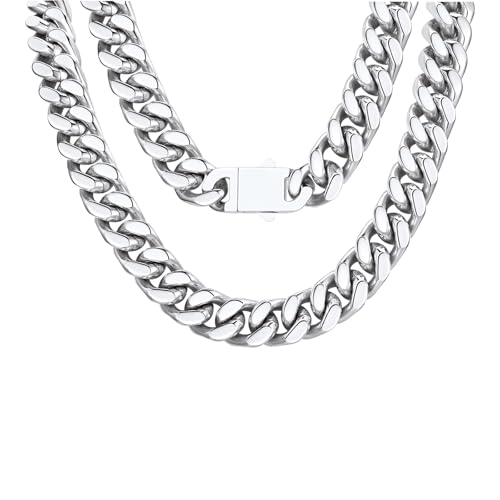 FindChic Cuban Link Chain Necklace for Women Men, Silver/Gold Plated Stainless Steel Solid Miami Curb Chain Hip Hop Punk Statement Jewelry, 5/12/14mm Width, 16/18/20 Inch Length, with Gift Box - color: 03. 12mm-Silver, size: 16inches