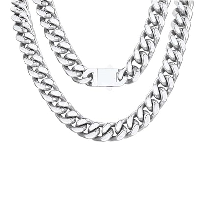 FindChic Cuban Link Chain Necklace for Women Men, Silver/Gold Plated Stainless Steel Solid Miami Curb Chain Hip Hop Punk Statement Jewelry, 5/12/14mm Width, 16/18/20 Inch Length, with Gift Box - color: 03. 12mm-Silver, size: 16inches