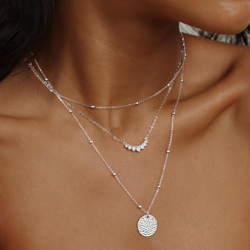 Layered Gold Silver Necklaces for Women, Stackable Stack 14K Real Gold Plated Silver Chain Necklace Diamond Circle CZ Layering Pendant Necklaces Trendy Gold Jewelry Set Gifts - color: silver, style: 3PC-CZ