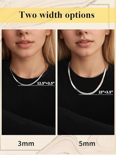 ChainsHouse Flat Snake Chain Herringbone Choker Necklace for Women, Stainless Steel/Rose Gold/18K Gold Plated Dainty Adjustable Simple Short Layered Necklaces, 12"/15"/18" with 3.5" Extender - color: b. layered-3mm+5mm-silver