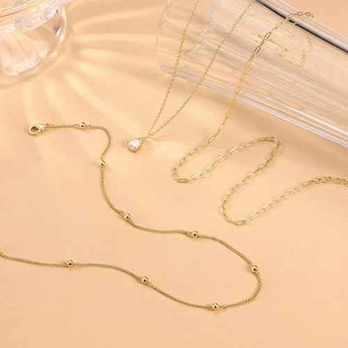 Kakonia Layered Gold Necklaces for Women, 3-Piece Gold Necklace Stack | 14K gold plated pendant necklace set, 3 dainty gold chains, trendy jewelry for women, ideal for weddings, proms or gifting - style: Teardrop-shape CZ Pendant