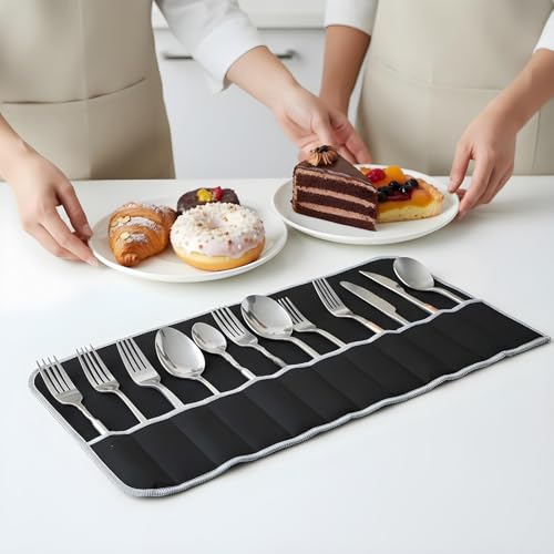 3 Pcs Silver Storage Bags Roll,Anti Tarnish Silverware Storage,with White Ribbon, 12 Slot Silver Storages, Cutlery Sleeves Bags for Kitchen Utensil Teaspoon, Stiff Fabric
