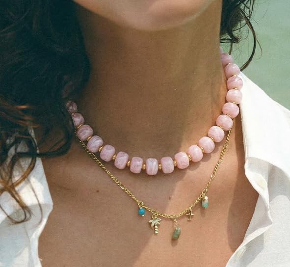 Beaded necklace for Women Boho Bead Gemstone Chunky Necklace Big Bead Necklace Fashion Trendy Summer Necklaces Jewelry Gifts - color: Pink Beaded