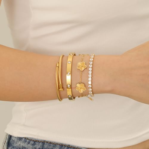 Gold Bracelets for Women, 18K Gold Plated Women Tennis Bracelets Clover Nail Love Bangle Bracelet Set, Gold Bracelet Stackable Set Trendy Jewelry, Gifts for Women's Day and Mother's Day - color: 06-Color-gold