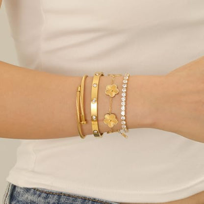 Gold Bracelets for Women, 18K Gold Plated Women Tennis Bracelets Clover Nail Love Bangle Bracelet Set, Gold Bracelet Stackable Set Trendy Jewelry, Gifts for Women's Day and Mother's Day - color: 06-Color-gold