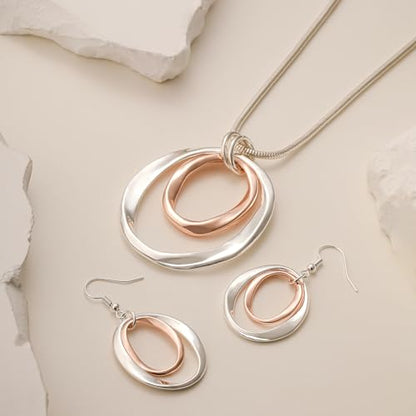 3 Circles Silver Hoop Earrings Necklace Set for Women Geometric Jewelry Set | 925 Silver Hypoallergenic Small Hoop Circle Geometry Textured Finish Minimalist Style Comfortable Wear - style: Gold and Silver Two Hoops