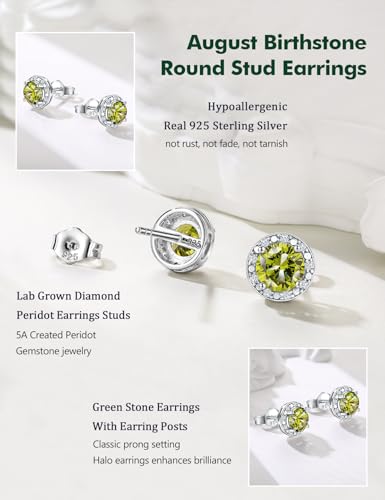 Dainty Birthstone Earrings for Women Sterling Silver Small Stud Earrings with Halo Cushion/Round Created Gemstone Earrings Birthstone Jewelry - style: B 08. Aug./created peridot-round cut