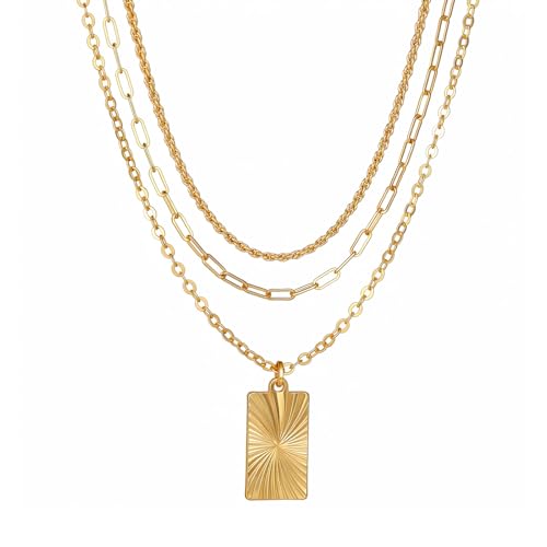 SEADAY Layered Gold Necklace for Women, 3-in-1 Gold Stack Necklace | Long Gold Necklace, Square, Hypoallergenic, Tarnish-resistant & Adjustable, Fashion Jewelry Gift Box & Gift Bag - color: Gold - Aura Rectangle