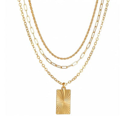 SEADAY Layered Gold Necklace for Women, 3-in-1 Gold Stack Necklace | Long Gold Necklace, Square, Hypoallergenic, Tarnish-resistant & Adjustable, Fashion Jewelry Gift Box & Gift Bag - color: Gold - Aura Rectangle