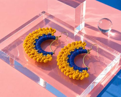 Handmade Crochet Sunrise Hoop Earrings with Soft Yellow Fringe, Lightweight Half-Circle Boho Statement Earrings, 925 Sterling Silver Hooks – KnitAra Sunlit Crescent