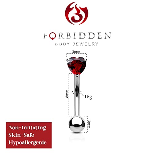 Forbidden Body Jewelry 16g 8mm Surgical Steel 3mm CZ Heart Top Barbell for Daith, Eyebrow and Rook Piercing - color: Red CZ