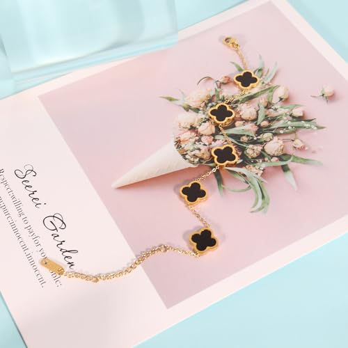 Delicacy Clover Bracelets Necklace Set:Clover Necklaces Clover Bracelet Women Link Bracelets Cute Gold Jewelry - color: Black-Gold