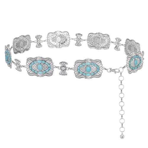 Montana West Rustic Couture's Turquoise Western Concho Chain Belt for Women | Large Western Cowgirl Metal Adjustable Boho Body Chain Belt for Dresses Jeans Country Concert - color: Baby Turquoise