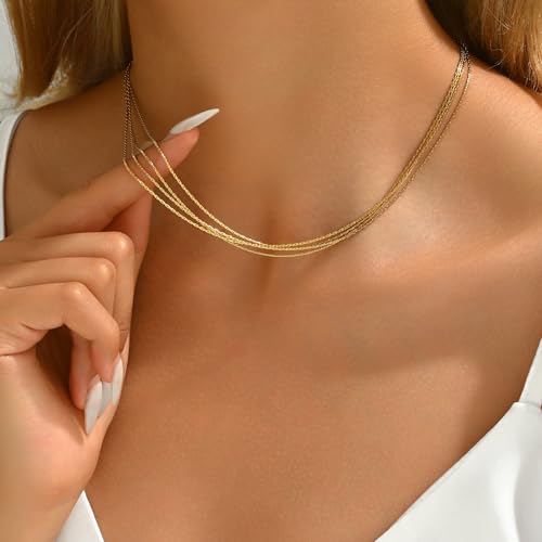18K Gold Plated Layered Herringbone Necklaces for Women Dainty Layering Beaded Snake Chain Choker Moon Coin Pendant Necklace Trendy Stainless Steel Jewelry - color: Four Wire-Gold