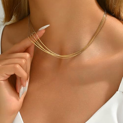18K Gold Plated Layered Herringbone Necklaces for Women Dainty Layering Beaded Snake Chain Choker Moon Coin Pendant Necklace Trendy Stainless Steel Jewelry - color: Four Wire-Gold